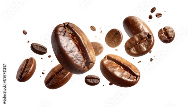Obraz Scattered Coffee Bean Pieces in Floating Burst, Minimalist White Background PNG.