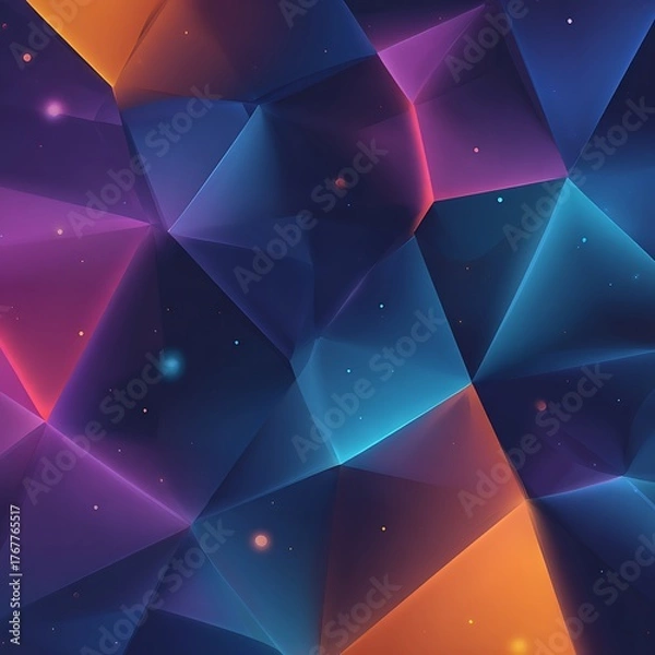 Fototapeta Abstract geometric background with colorful triangles and glowing particles in dark blue space