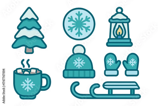 Fototapeta Cozy winter essentials and outdoor activity icons featuring a snowy tree, hot cocoa, and warm accessories