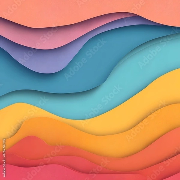 Fototapeta Abstract layered colorful background with wavy shapes in shades of pink blue yellow and orange hues