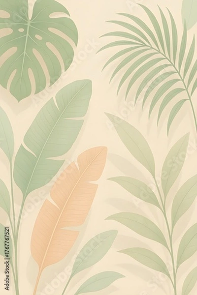 Fototapeta Tropical botanical background with pastel leaves and soft shadows