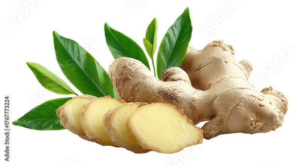 Fototapeta falling slices of fresh ginger root and leaves isolated on transparent white background