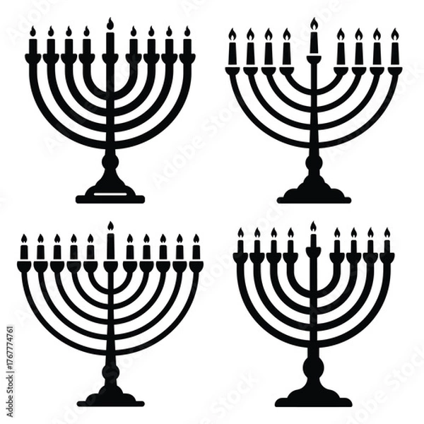 Obraz glowing menorah minimal silhouette icon set, Chanukah vector icons