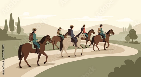 Fototapeta Group Of Adventurers Riding Horses Along A Winding Trail In The Countryside