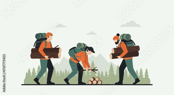 Fototapeta Group Of Adventurers Preparing for Overnight Camping Expedition in Mountainous Wilderness