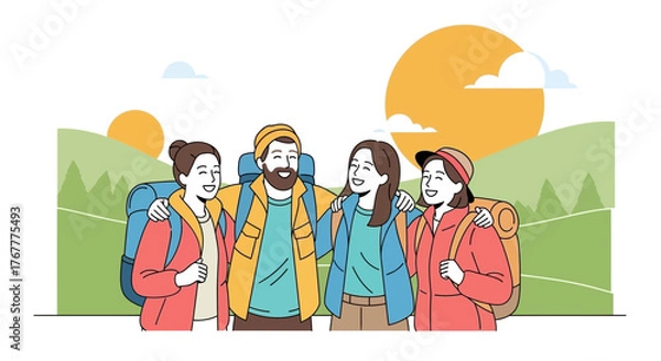 Fototapeta Group Of Adventurous Hikers Enjoying The Scenic Outdoors With Backpacks And Smiles