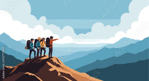 Fototapeta Group Of Hikers Admiring The Distant Landscape During Their Ascent Over The Mountains