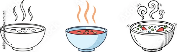 Obraz Set of Hot Soup Bowl Vector Icons: Simple Outline, Color, and Detailed Sketch Illustrations for Warm Food
