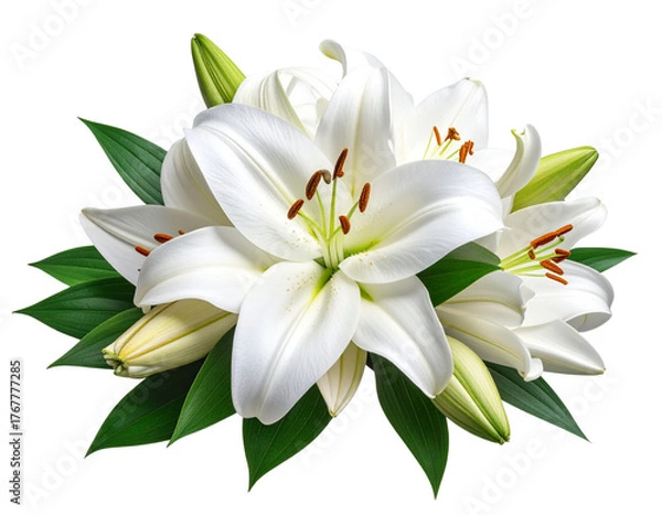 Fototapeta White Lily flower bouquet isolated on transparent background png 