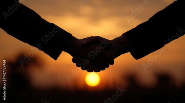 Fototapeta Silhouetted handshake against sunset background, conveying unity and agreement
