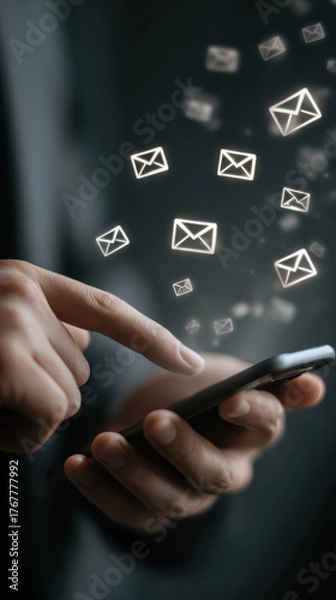 Fototapeta Hands holding smartphone checking email inbox with glowing icons