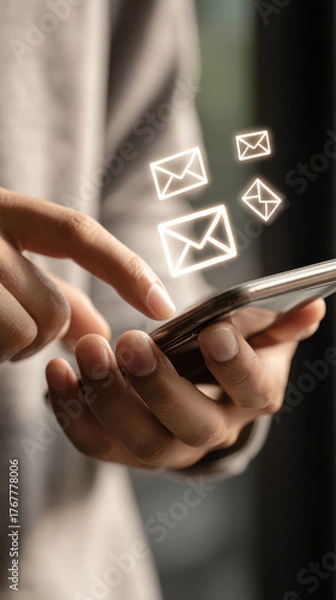 Fototapeta Hands holding smartphone checking email inbox with glowing icons