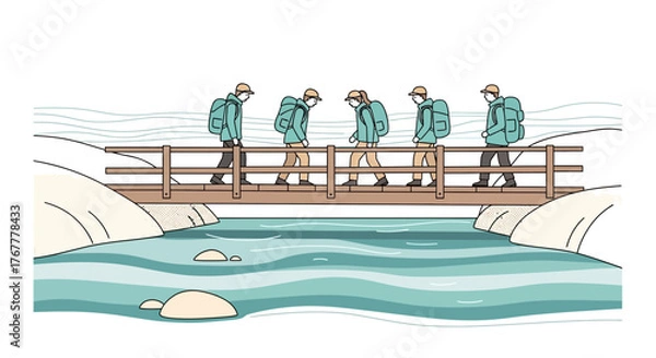 Obraz Group Of Hikers Traversing Across A Rustic Bridge Over A Serene, Flowing River