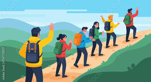 Obraz Group Of Hikers Traversing Mountain Trail With Scenic Outdoor Views Illustration