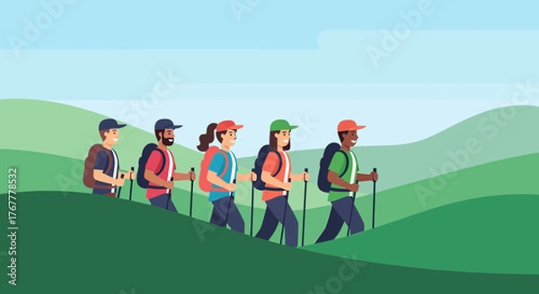 Obraz Group Of Hikers Traversing Rolling Hills And Enjoying Outdoor Excursion Together