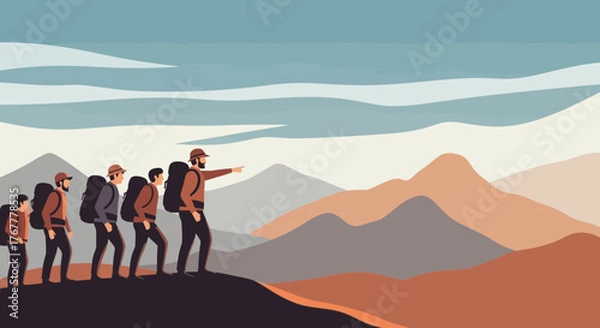 Obraz Group Of Hikers Traversing Mountainous Terrain Under A Serene And Expansive Sky