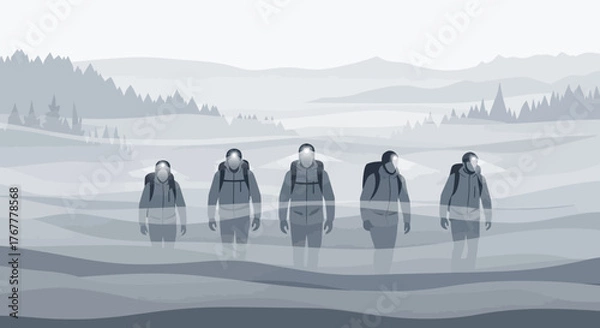 Obraz Group Of Hikers Traversing Snowy Terrain Against A Muted Landscape Backdrop