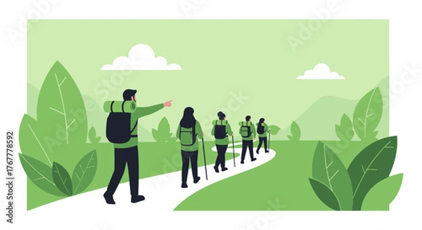 Obraz Group Of Hikers Trekking Through Nature Under The Clear Sky With Lush Foliage