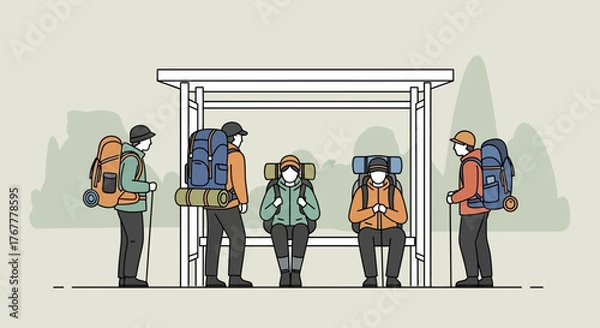 Obraz Group Of Hikers Waiting At A Bus Stop, Depicting Journey And Community Together