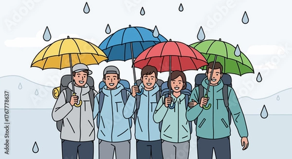 Obraz Group Of Hikers Walking Together Under Umbrellas Through Heavy Downpour During Adventure