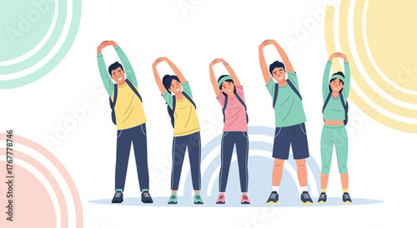 Obraz Group Of People Doing Stretching Exercises Outdoors With Colorful Background