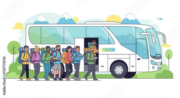 Obraz Group Of People Embarking On Adventure Trips Featuring Mountain Scenic Views and Passenger Vehicle