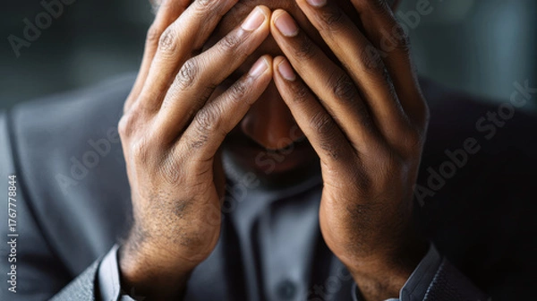 Obraz Person in suit is rubbing their temples, showing signs of exhaustion and stress