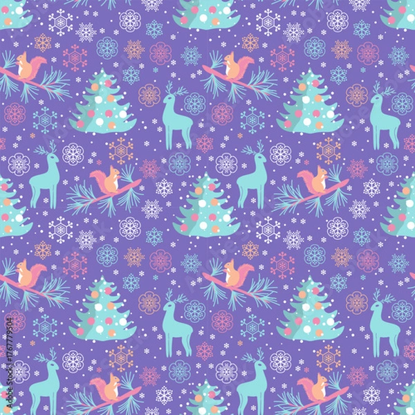 Fototapeta New year seamless vector pattern with cute animals and snowflakes