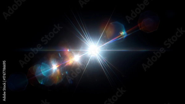 Obraz Bright professional lens flare light effect with hexagonal bokeh pattern and rainbow chromatic aberration on pure black background, high contrast optical rays, clean edges