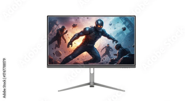 Fototapeta Computer monitor displaying action game scene isolated illustration on transparent background