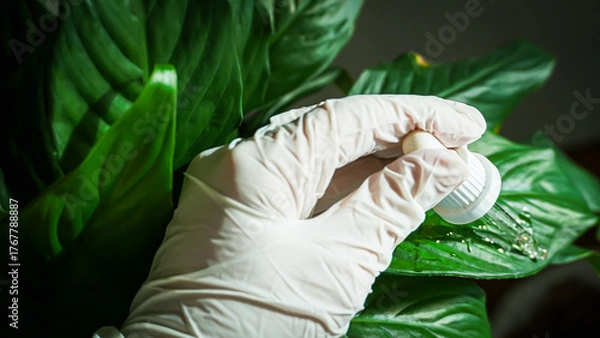 Obraz Scientist Hand with Dropper on Green Leaf