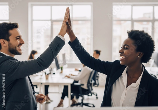 Fototapeta Diverse business professionals celebrating success with a high five in modern office — teamwork, collaboration, and achievement.