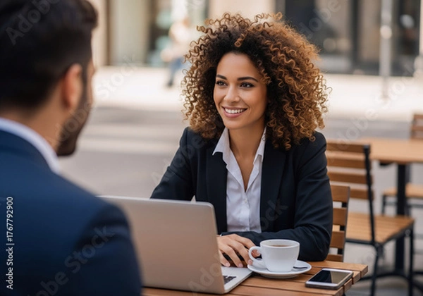 Fototapeta Smiling businesswoman having coffee and working on laptop during meeting at outdoor cafe — confident professional networking and communication concept