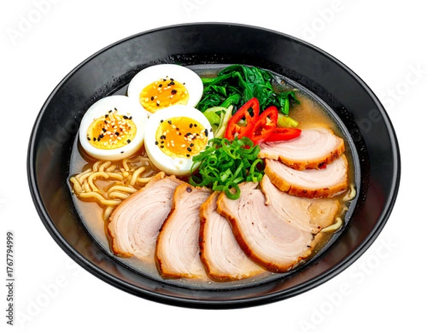 Fototapeta Bowl of ramen with pork, eggs, noodles, and greens, steaming in a rich broth on a black backdrop