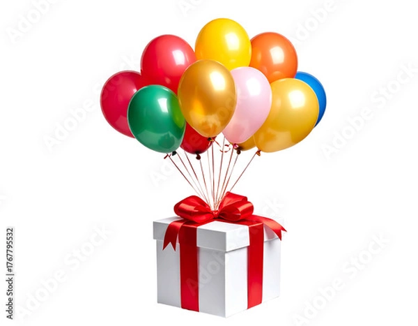 Fototapeta Box of balloons tied with a red bow on a black background, creating a festive and celebratory mood