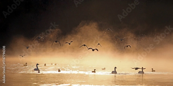 Fototapeta 朝霧で霞む中を飛び来る鴨の群れ、幻想的、エコロジーイメージ