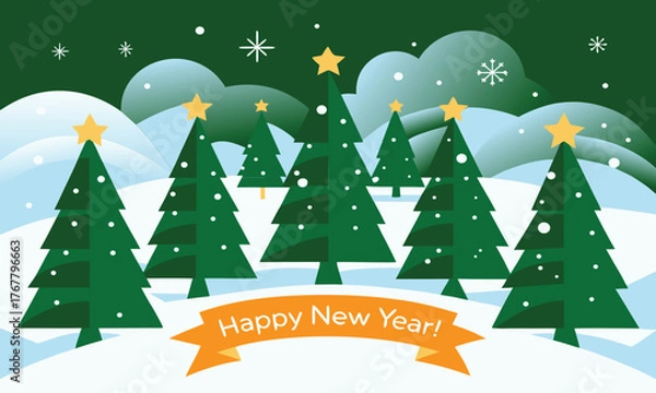Fototapeta Happy new year greeting with decorated christmas trees in snow