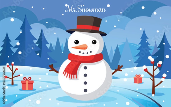 Fototapeta Cute snowman with a red scarf and hat in a snowy forest