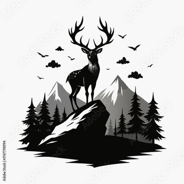 Obraz Majestic stag stands proudly on rocky peak overlooking pine forest and mountains