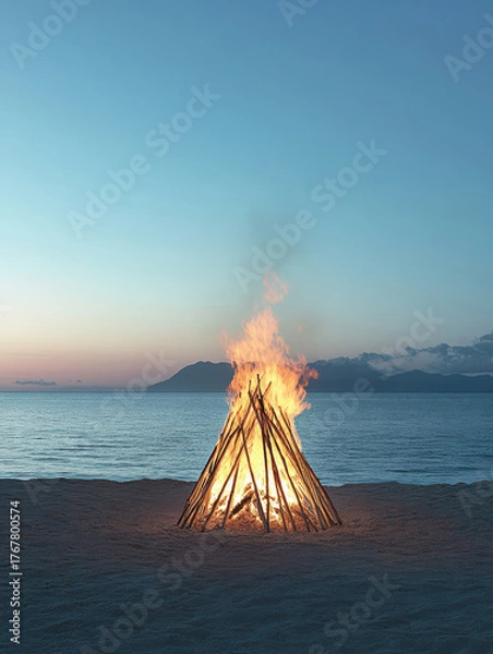 Fototapeta Campfire on the beach at dusk with ocean and mountains in the background