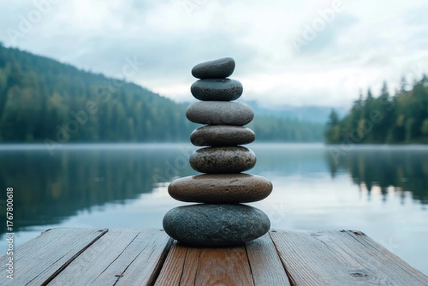 Fototapeta Stacked stones on wooden pier by tranquil lake surrounded by forested mountains