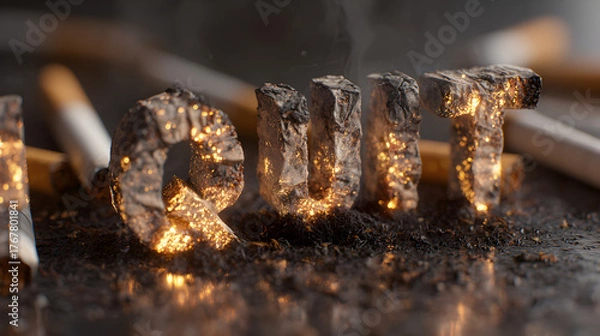 Obraz Word QUIT formed from burning cigarette ashes glowing with embers symbolizing strength, motivation, and willpower to stop smoking for The Great American Smokeout

