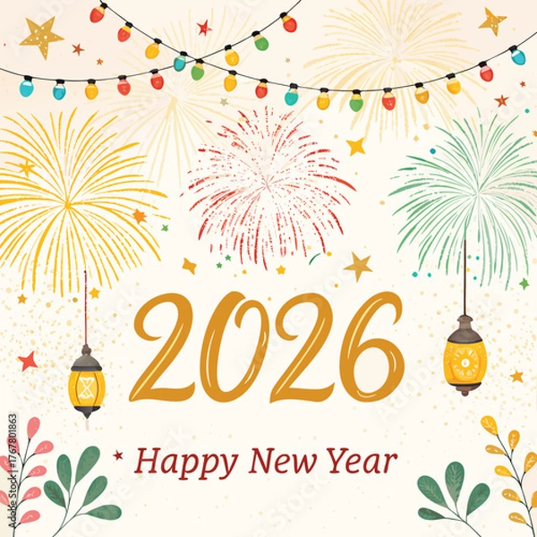 Fototapeta Happy New Year 2026 celebration illustration with bright fireworks, golden confetti, and festive lights on a white background