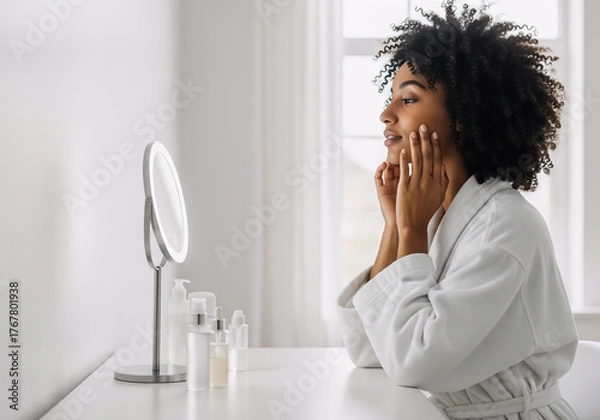 Fototapeta Young woman in bathrobe touching her face while looking in the mirror during skincare routine at home.