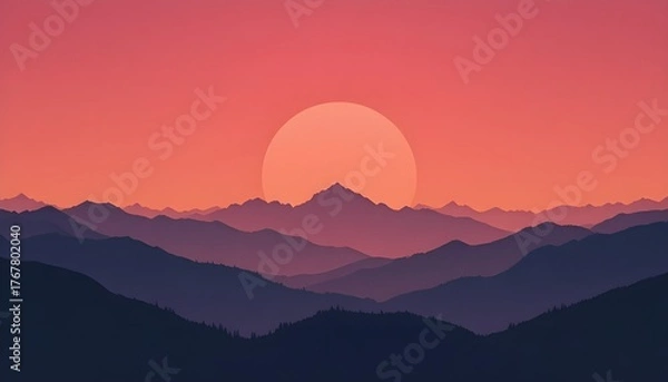 Fototapeta Silhouettes of layered mountain ranges under vibrant orange-pink sunset sky, soft gradient tones, minimalistic composition, modern aesthetic, ideal for background or inspirational poster design.