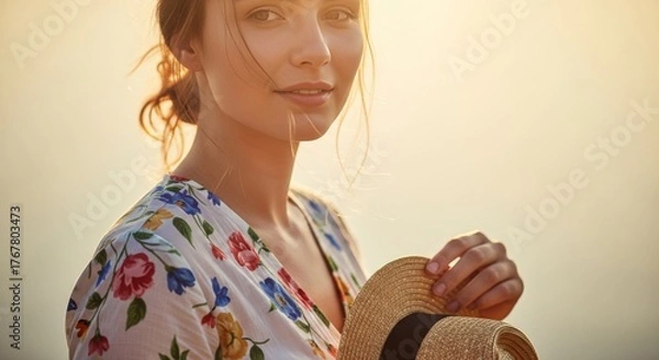 Obraz Portrait of a woman holding a hat in the golden sunlight