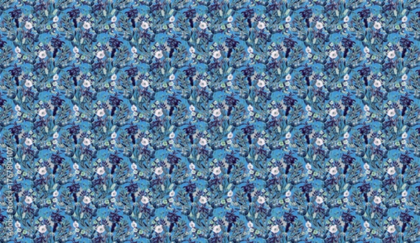 Fototapeta Blue and white textured abstract pattern with repeating floral elements