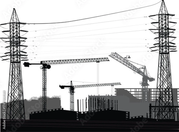 Obraz three black large cranes build house