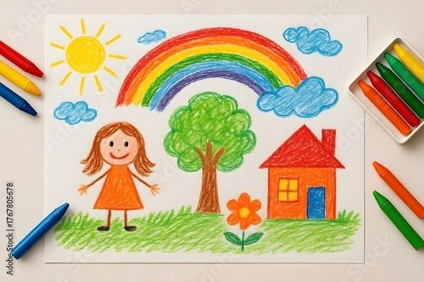 Fototapeta Colorful children’s drawing with crayons top view