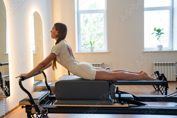 Fototapeta Woman doing Swan exercise on Pilates Reformer for the chest and back muscles, focusing on flexibility, strength, and control with determination